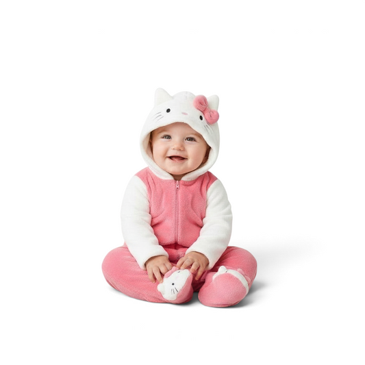 Twinkles baby wearing a pink and white Hello Kitty polar fleece jumpsuit with a hooded face and integrated booties.