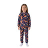 A young girl wearing a Twinkles navy thermal pajama set with a playful fox and floral print and ribbed cuffs.
