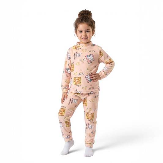Twinkles hi bear peach fleece pajama set with cute bear print worn by a young girl