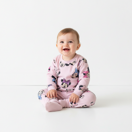 Twinkles baby girl wearing a pink Minnie Mouse print long-sleeve pajama set while sitting on a white background